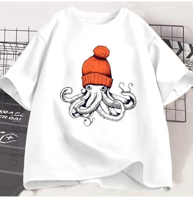 Octopus Orange Beanie Cotton TShirt Japanese Style Graphic Tees Casual Cotton Short Sleeve Round Neck Tshirts Unisex Clothe
