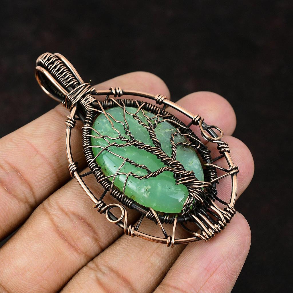 Tree Of Life Chrysoprase Pendant Copper Wire Wrapped Jewelry Gemstone Jewelry Gift For Her Gift For Mom Chrysoprase Jewelry Designer Pendant