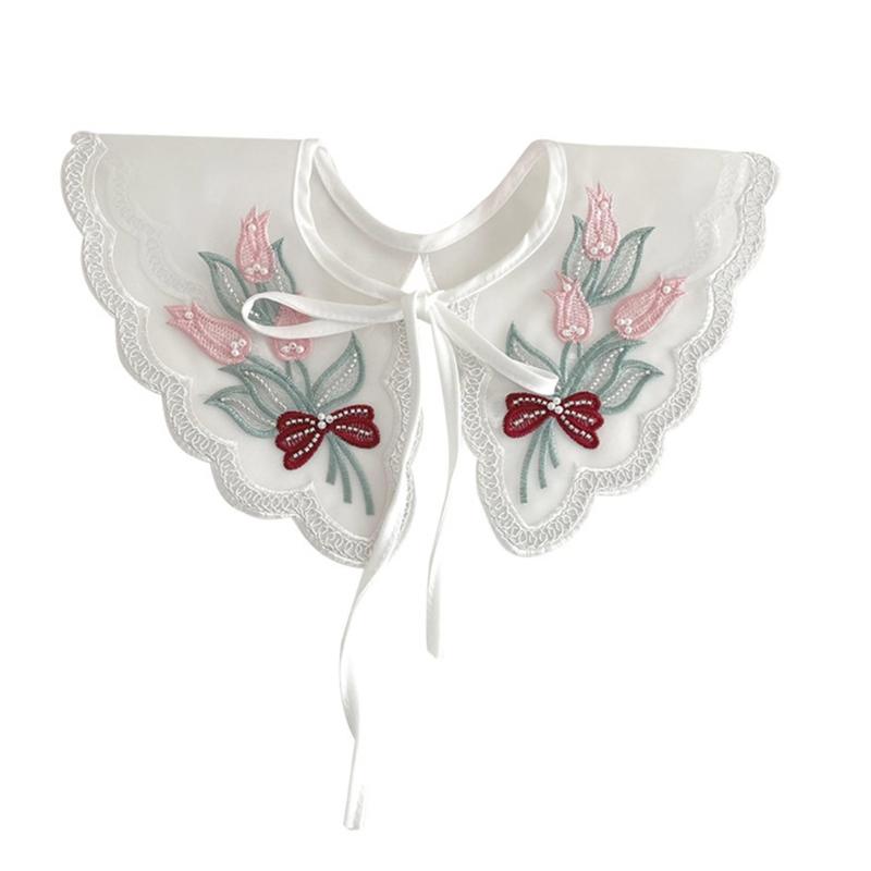 Women Girls Vintage Lolita False Fake Collar Shawl Sweet Ruffles Lace-Up Bow Decorative Necklace Choker Short Poncho