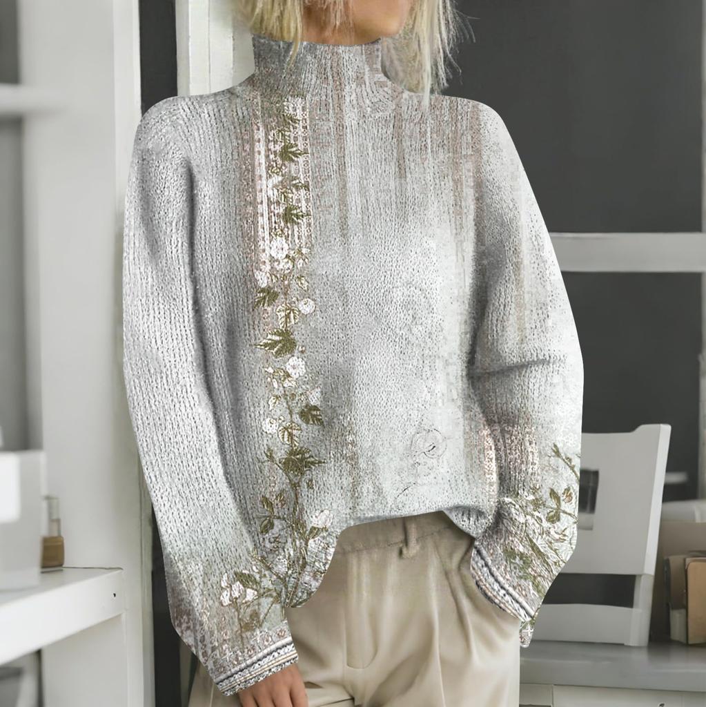 Женская мода повседневная с длинным рукавом и принтом, с высоким воротом, шерстяной трикотаж