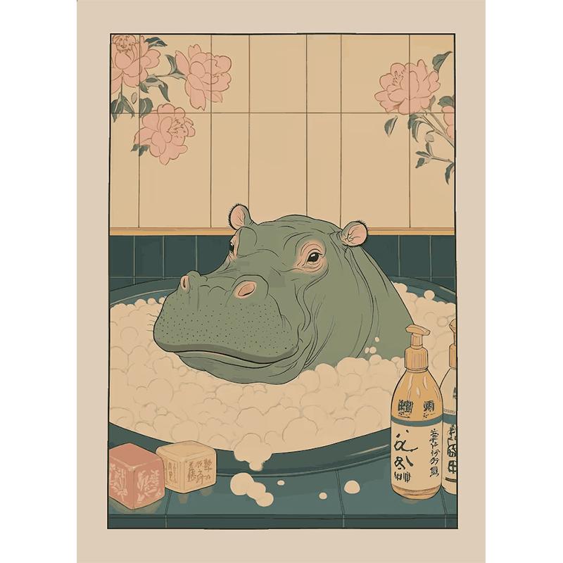 Japanese Bathroom Art Poster Cute Animals in Bathtub Canvas Printed Decorative Painting, Used for Bathroom Decoration, Frameless