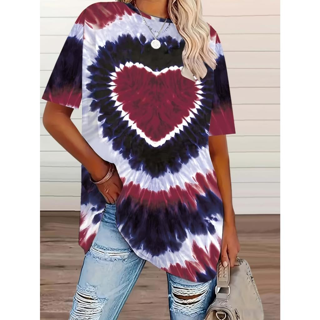 Новая женская футболка большого размера с принтом в виде сердца и tie-dye, повседневная футболка с коротким рукавом для весны и лета