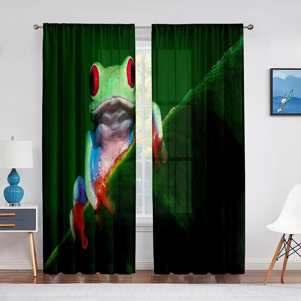 Тюлевая занавеска с зеленым животным, красными глазами, древесной лягушкой на листе, для гостиной, спальни, кухни, декор, вуаль, прозрачная занавеска, оконные шторы