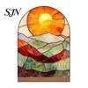 Stable Wooden Base Decoration Stained Glass Style Acrylic Table Centerpieces, Floral & Landscape Pattern Durable Desk Ornament Tabletop Sign with Wood
