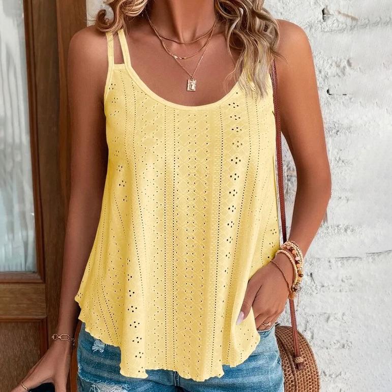 Plus Size Women Double Shoulder Strap Cami Tops, Embossed Hollow Out Sleeveless Loose Casual Basic Layering Tank Vest