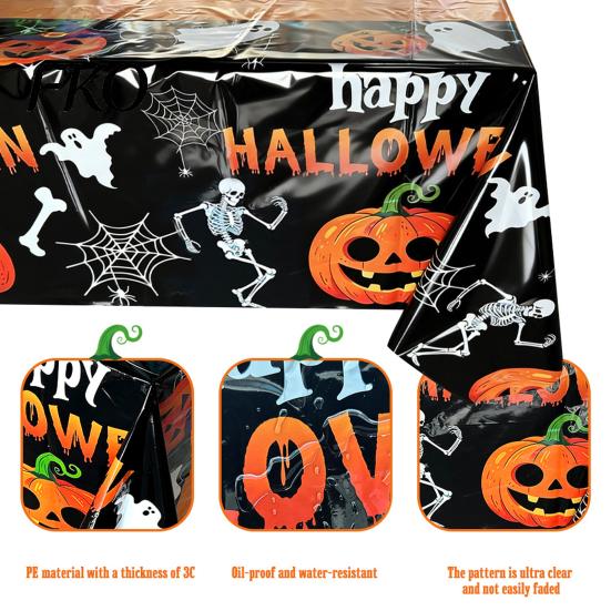 Spooky Tablecloth Happy Halloween Disposable Tablecloth, Pumpkin Ghost Skeleton Waterproof Table Cover for Kitchen Dining Room, Party Supplies