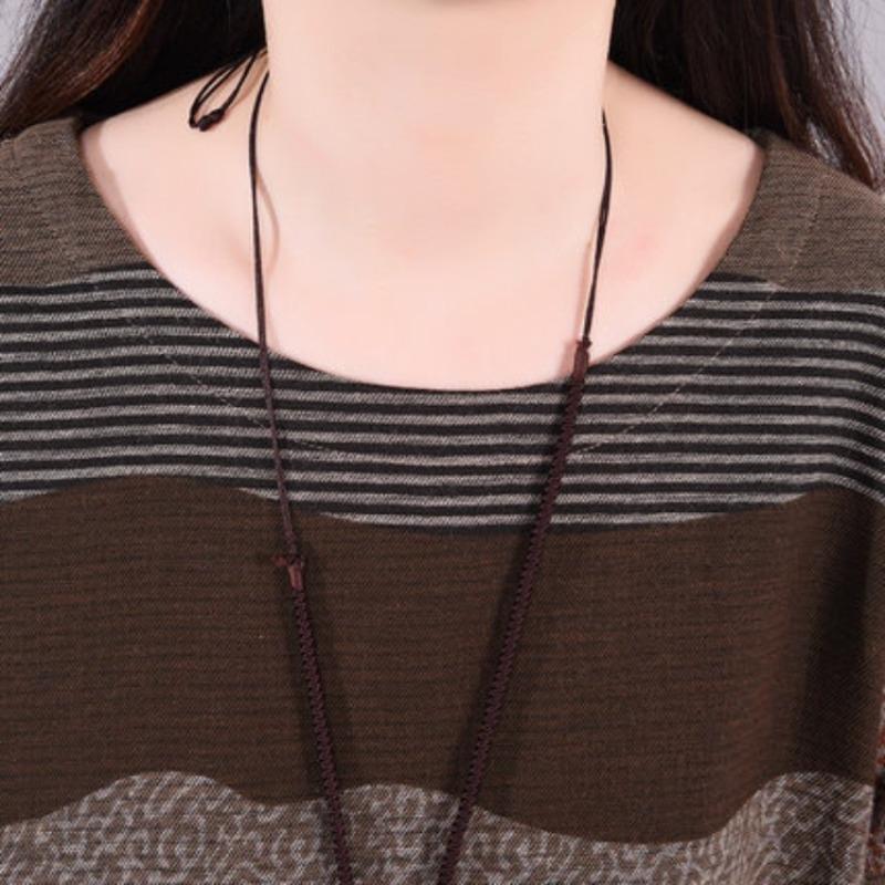 Повседневное свободное платье из хлопка и льна с круглым вырезом и длинными рукавами