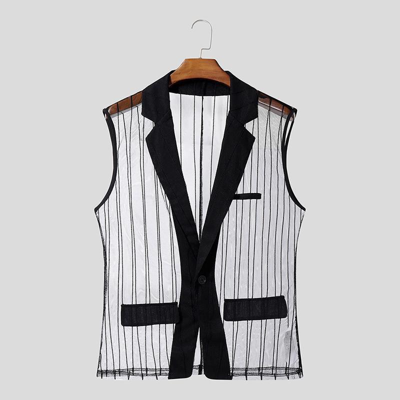 INCERUN Men Lapel Neck Sleeveless See Through Mesh Transparent Striped Blazer Tops
