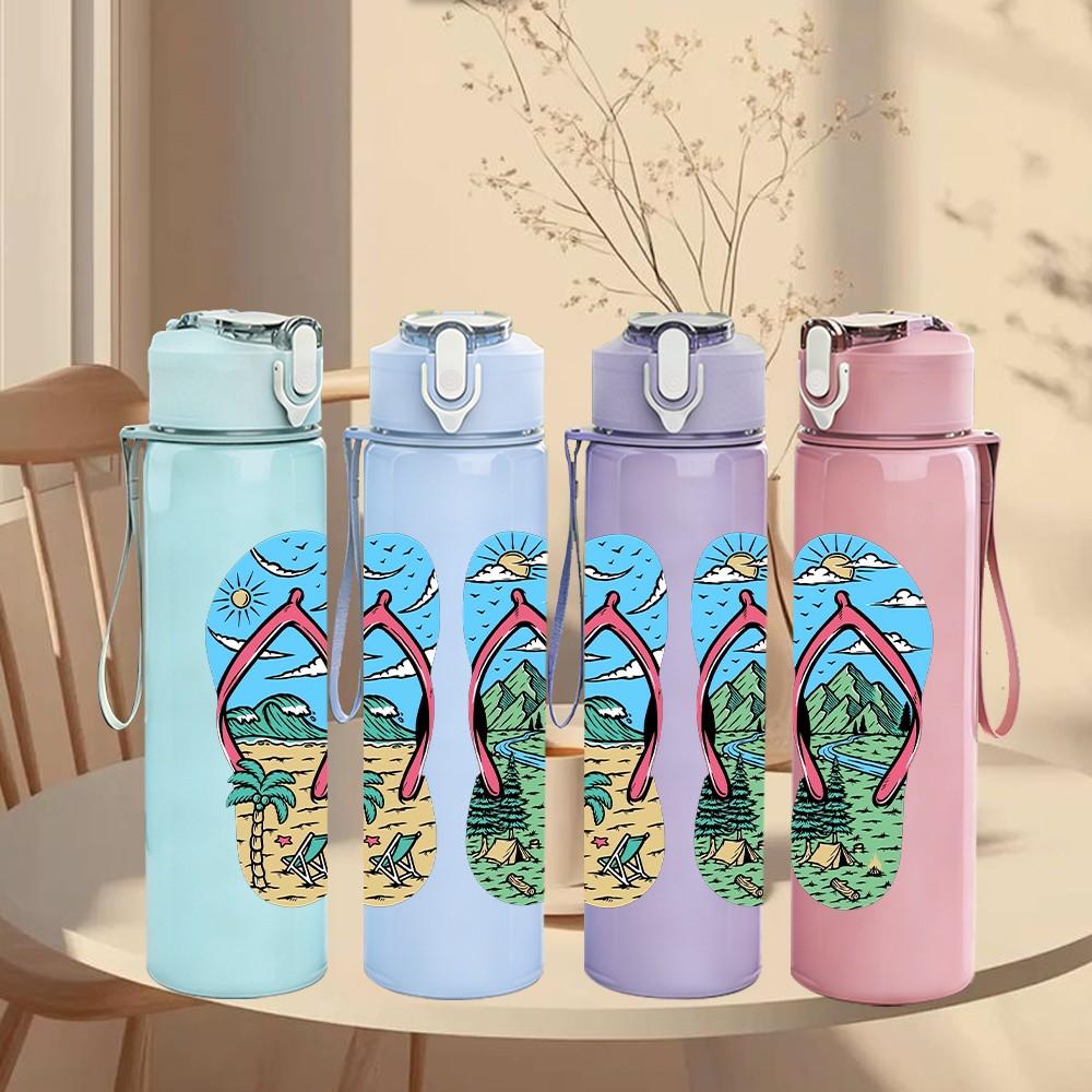 1PC Tropical Pattern Flip Flop Sandal Print 750ml Color Plastic Sports Water Bottle Leakproof Flip Straw Lid Suitable for Sports Office Home Use