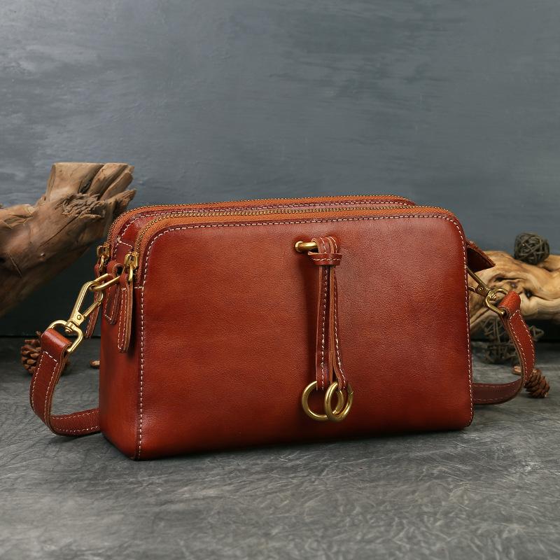 Сумка кроссбоди с тремя отделениями, из натуральной кожи, в стиле ретро, ручной работы, одноплечевая маленькая квадратная сумка