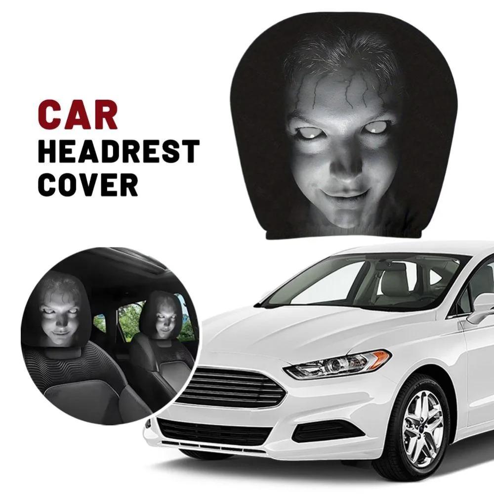 Universal Elastic Car Headrest Covers Halloween Horror Face Pattern Dust Protection For Car Seat Headrest For Truck SUV