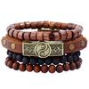 4Pcs/Set Vintage Men Wood Bead Faux Leather Bracelet Adjustable Rope Jewelry