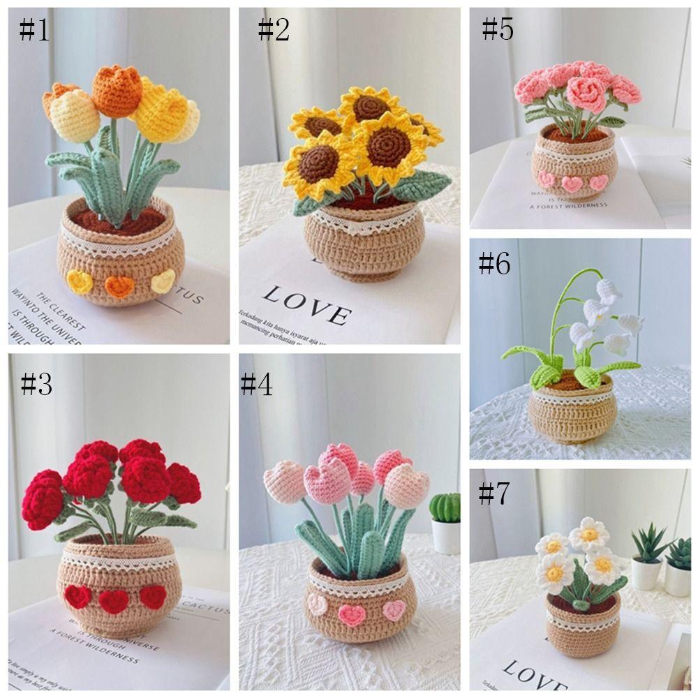 Handmade Woolen Yarn Flowers Crochet Knitting Kit No Finish Tulip Potted Flower Desktop Ornament