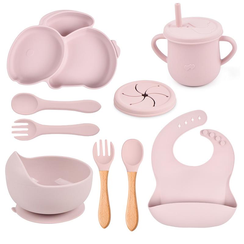9PCS Rabbit Baby Silicone Tableware Kids Non-slip Sucker Bowl Plate Cup Spoon Fork Sets BPA Free Children's Feeding Dishes Utensils