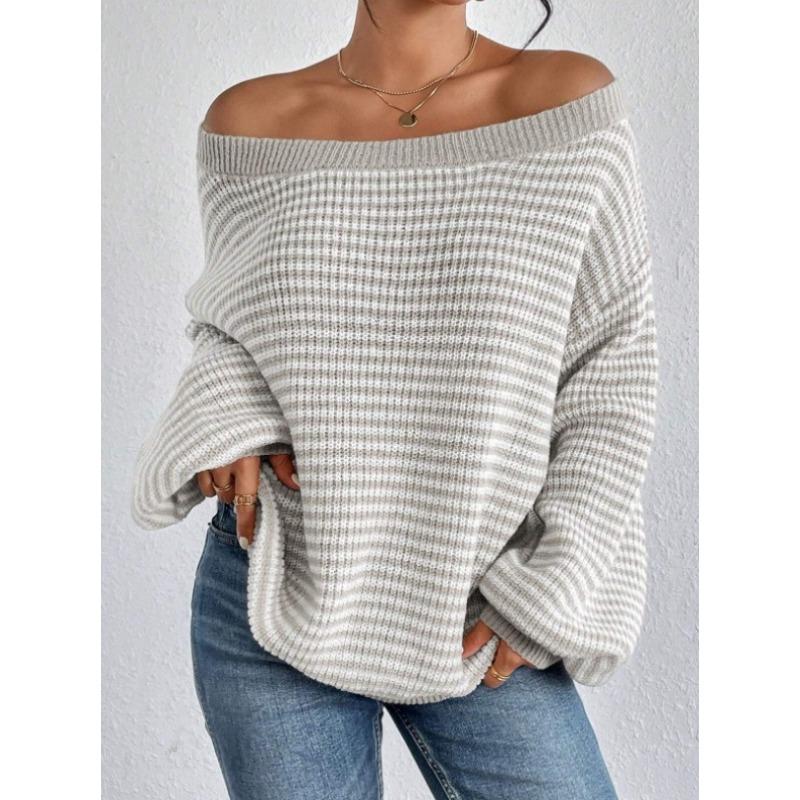 Autumn and Winter Clashing Color Striped Lantern Sleeve One-line Collar Strapless Knitted Sweater