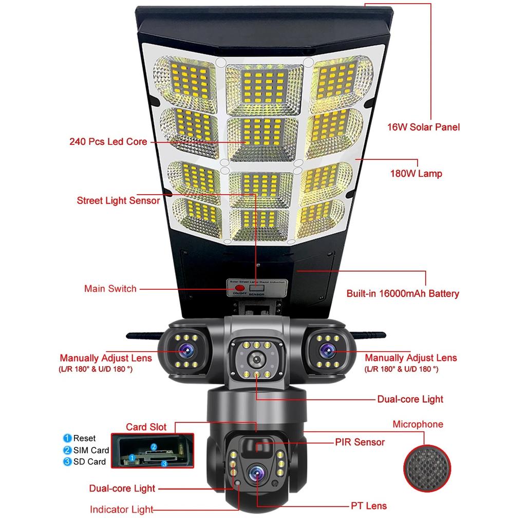 4G Солнечный Монитор Многофункциональный Низкое Энергопотребление Пульт Дистанционного Управления Уличный Фонарь WIFI Интеллектуальная Трехэкранная Камера