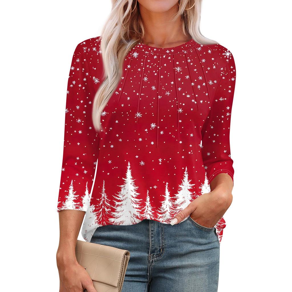 Женская модная футболка с круглым вырезом и рукавом 3/4 с рождественскими принтами, повседневная базовая плиссированная футболка-пуловер