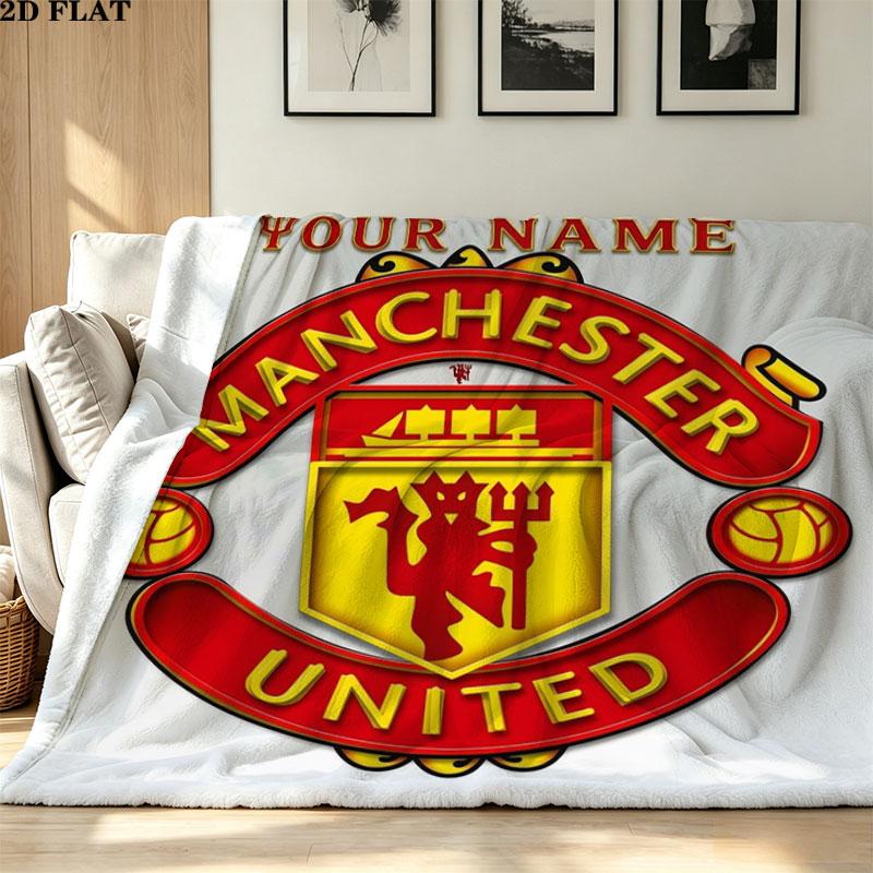 1 шт. Фланелевое одеяло с узором и возможностью кастомизации имени Manchester United F. Подходит для всех сезонов. Для домашнего декора. Тепло и уют. Подарки. Праздничный подарок.
