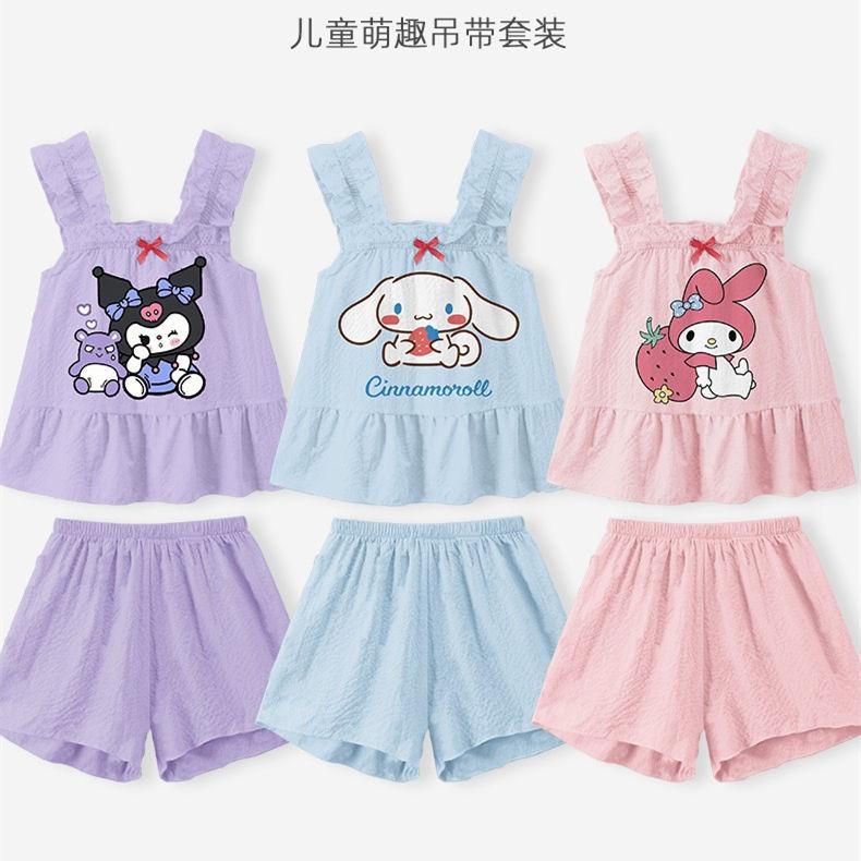Girls Cartoon Tank Top and Short Sleeve Pajama Set Lightweight Summer Sleepwear