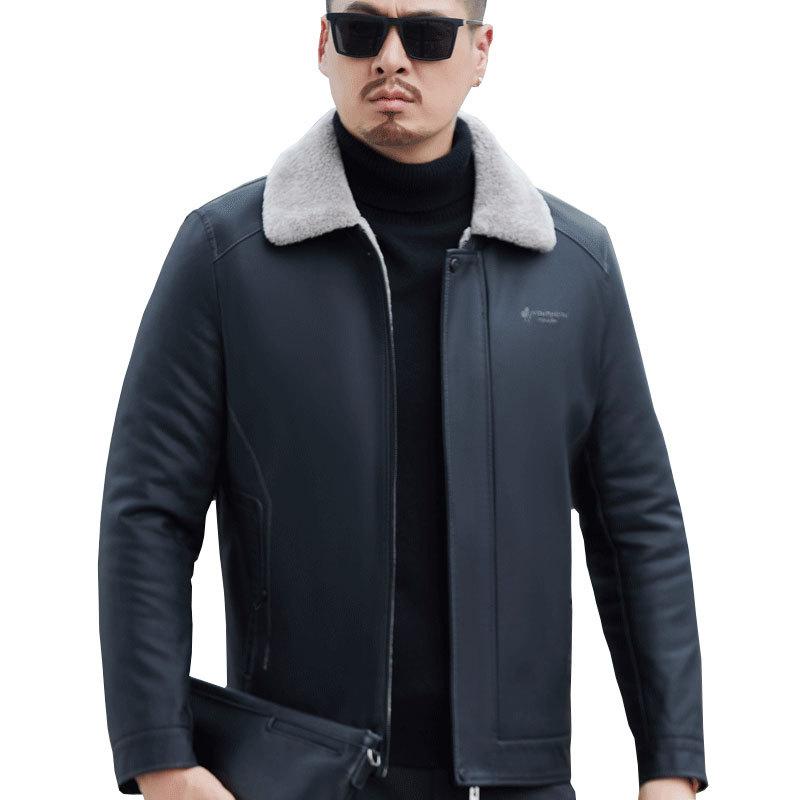 Down Jacket Winter Middle-aged Men's Leather Jacket Genuine Leather Men's Thickened Warm Dad's Coat Jacket Leather Down Jacket