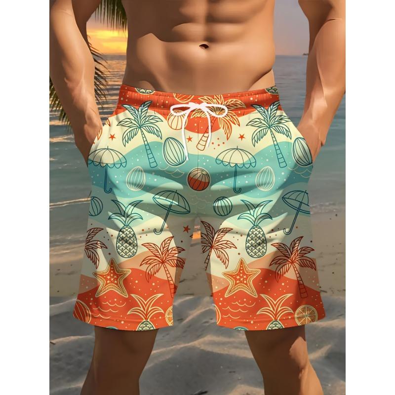 Men's fashionable printed beach shorts, 3D printed beach pattern, - casual polyester fiber drawstring waist
