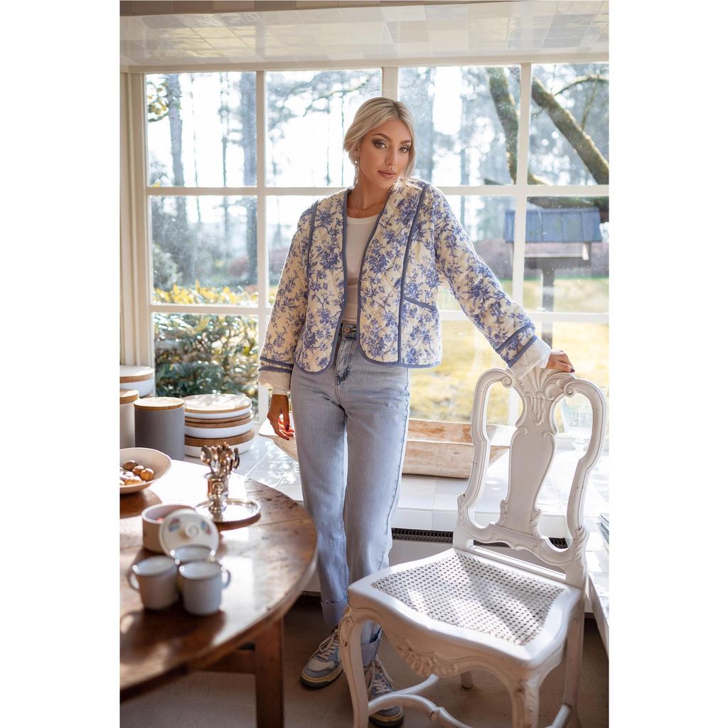 European and American autumn and winter new women's clothing French women's flower printing long-sleeved casual jacket cotton-padded jacket