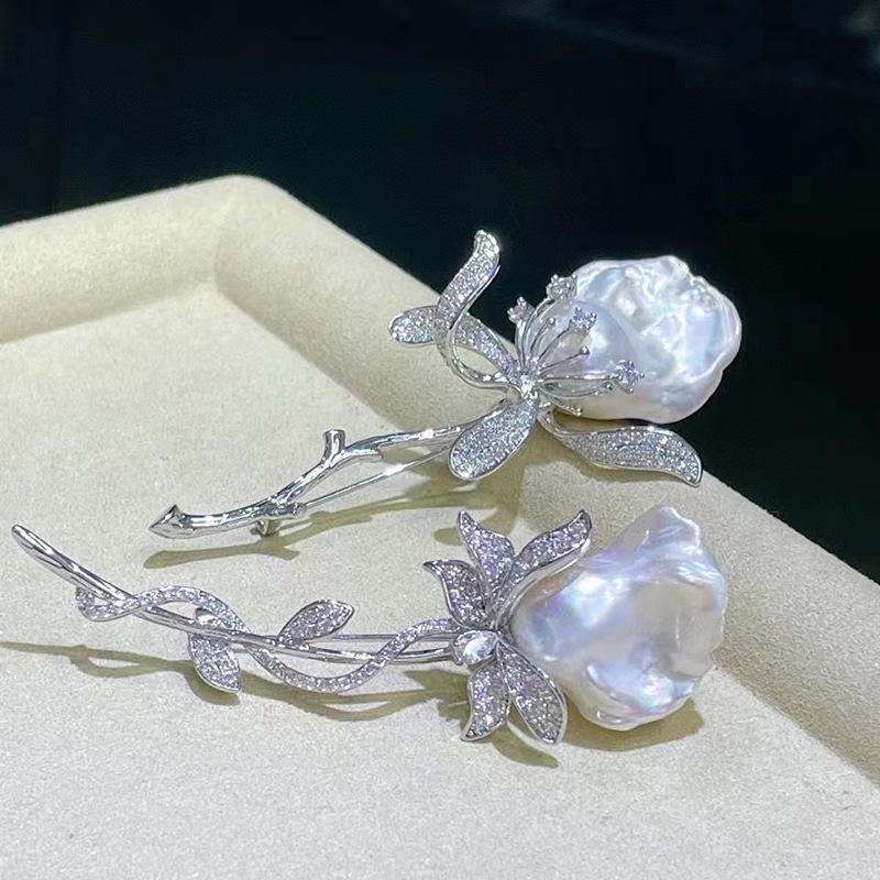 Baroque Pearl Rose Brooch with Zircon Inlay