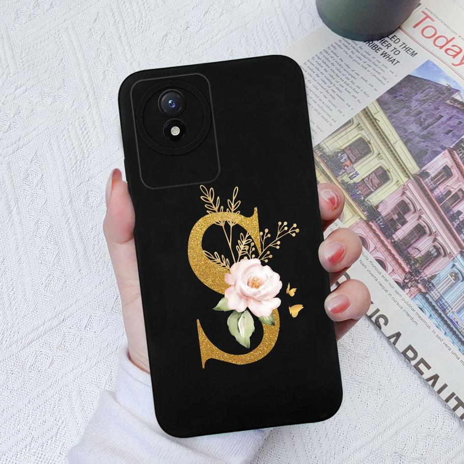 Чехол для телефона Vivo Y02S Y11 Y12 Y15 Y16 Y17 Y19 Y20 Y21 Y30 4G 5G Роскошный защитный жидкий мягкий силиконовый чехол с цветочными буквами для Vivo Bumper Coque