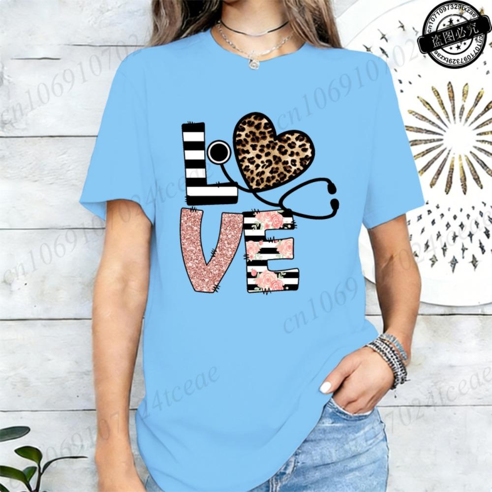 LOVE Stethoscope Heart Rose T-Shirts,Leopard Nurse T Shirt for Women,Nurse Week Gift,short Sleeve Tees,summer Fashion Shirts