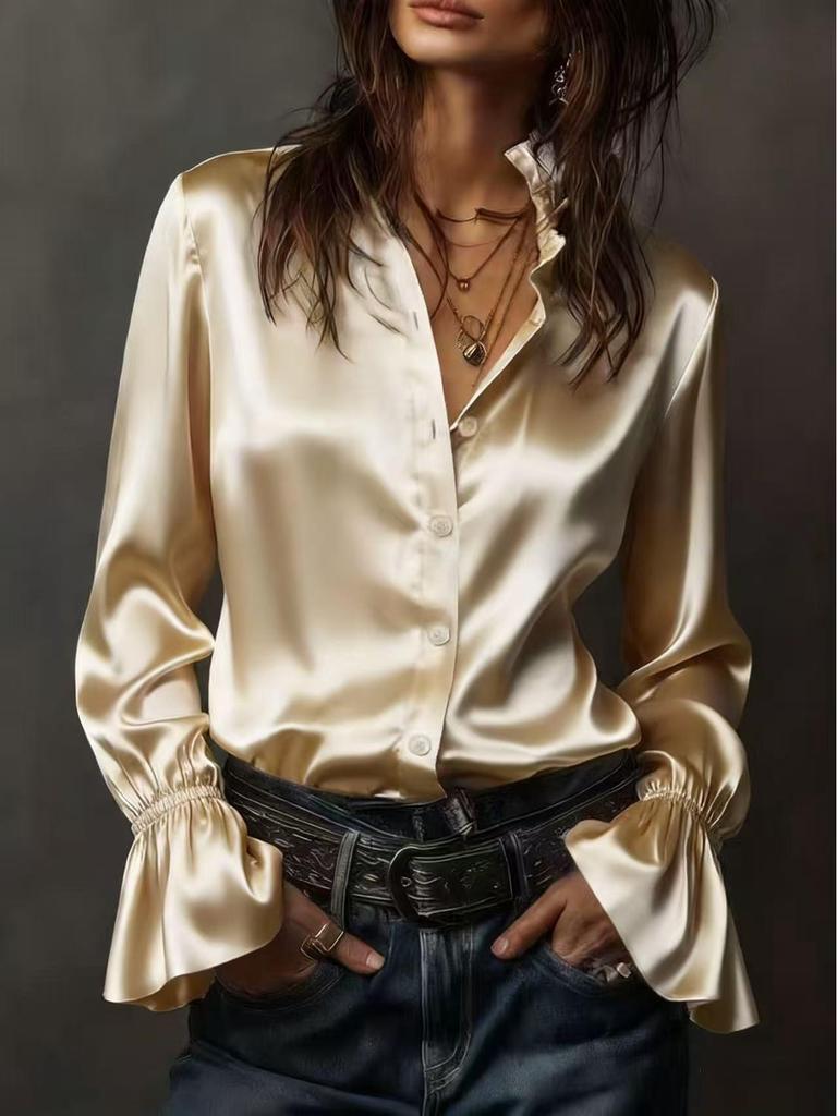 Элегантная женская рубашка с длинным рукавом из шелкового сатина