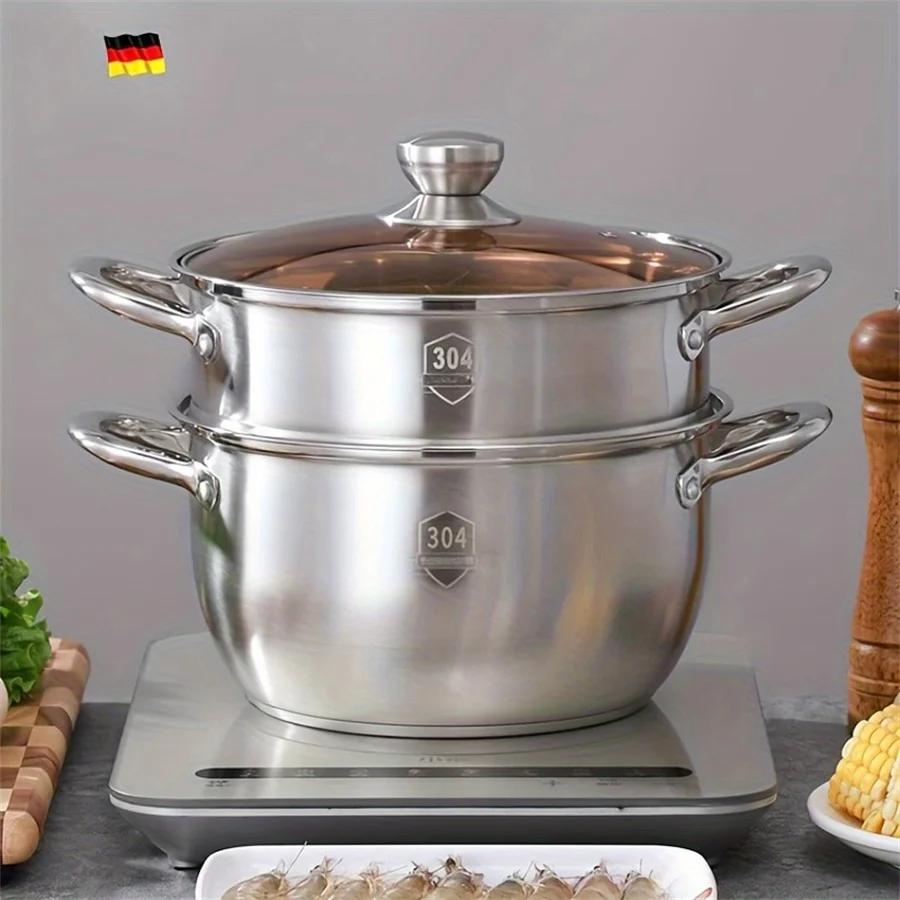 SUS304 Stainless Steel Double Layer Thickened Household Cage Drawer Steamed Mantou Small Steamer Soup Pot Stew Pot
