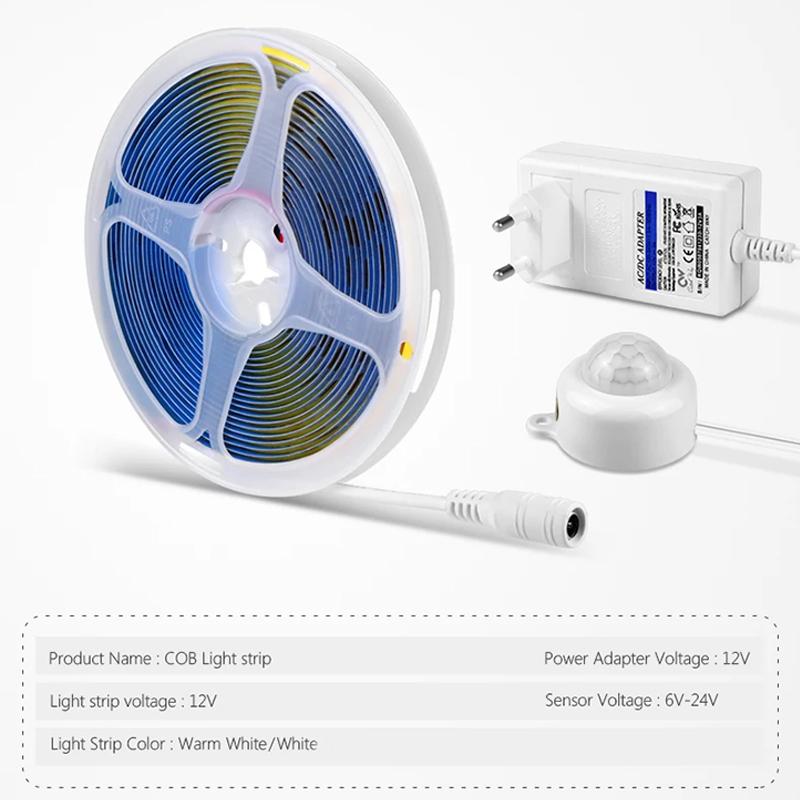 PIR Motion Sensor Bedside Decor Lamp COB LED 12V COB Led Strip Tiras De Luces Led Christmas Lights Ribbon Rope Light Bathroom