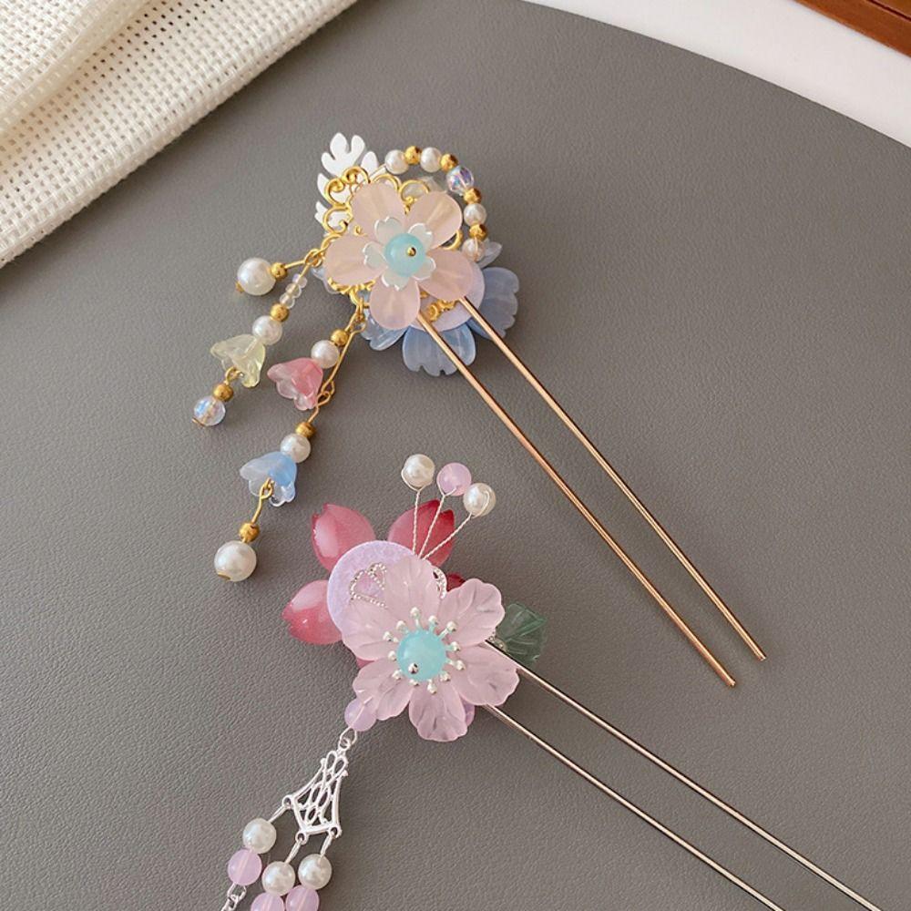 Chinese Style Flower Hair Stick Handmade Hanfu Hair Bun Elegant Butterfly Hairpin  for Hanfu Party