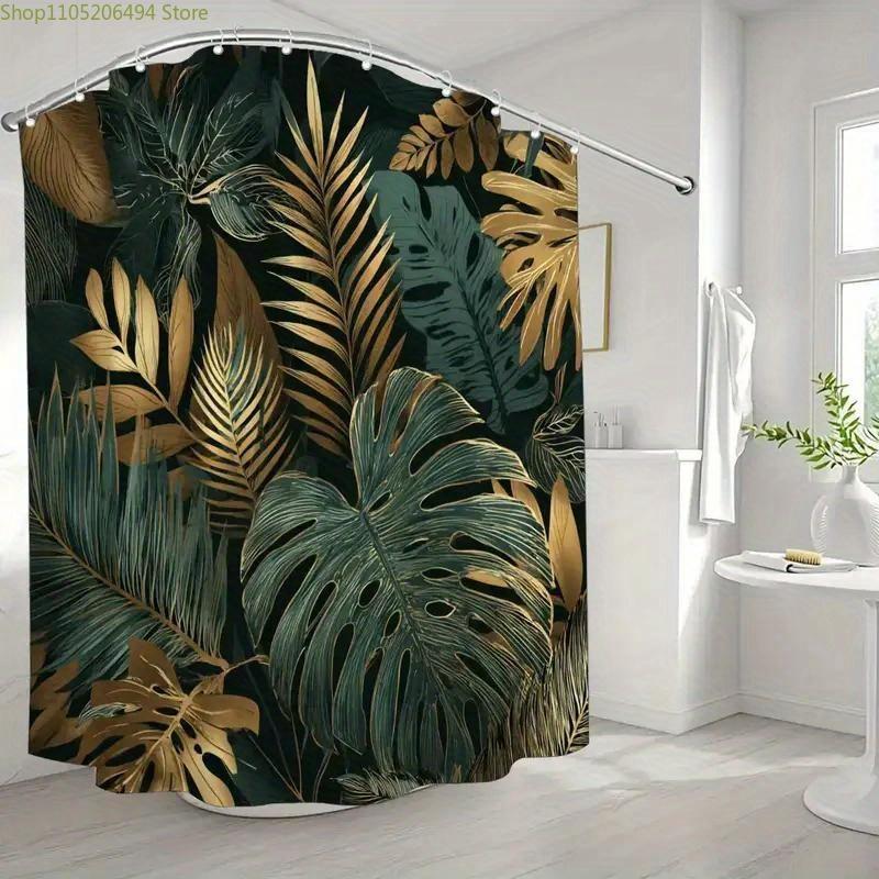 1pc Golden Green Leaf Bathroom Shower Curtain, Tropical Style, Modern Fashion Shower Curtain, Includes 12 Hooks, 180*180cm Bat