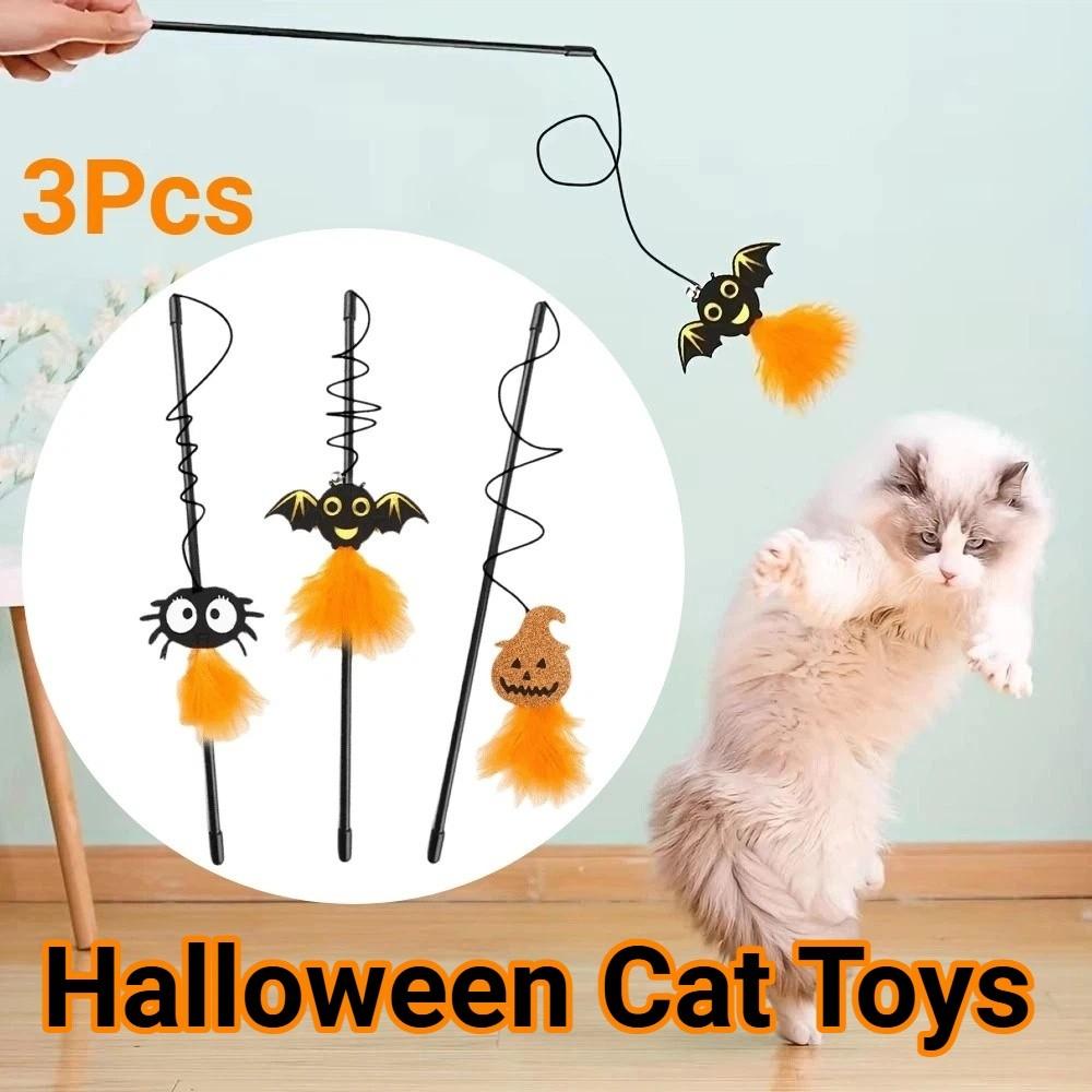 3Pcs Funny Halloween Cat Wand Toy Interactive Play Cat Toy Pole Kitten Entertainment