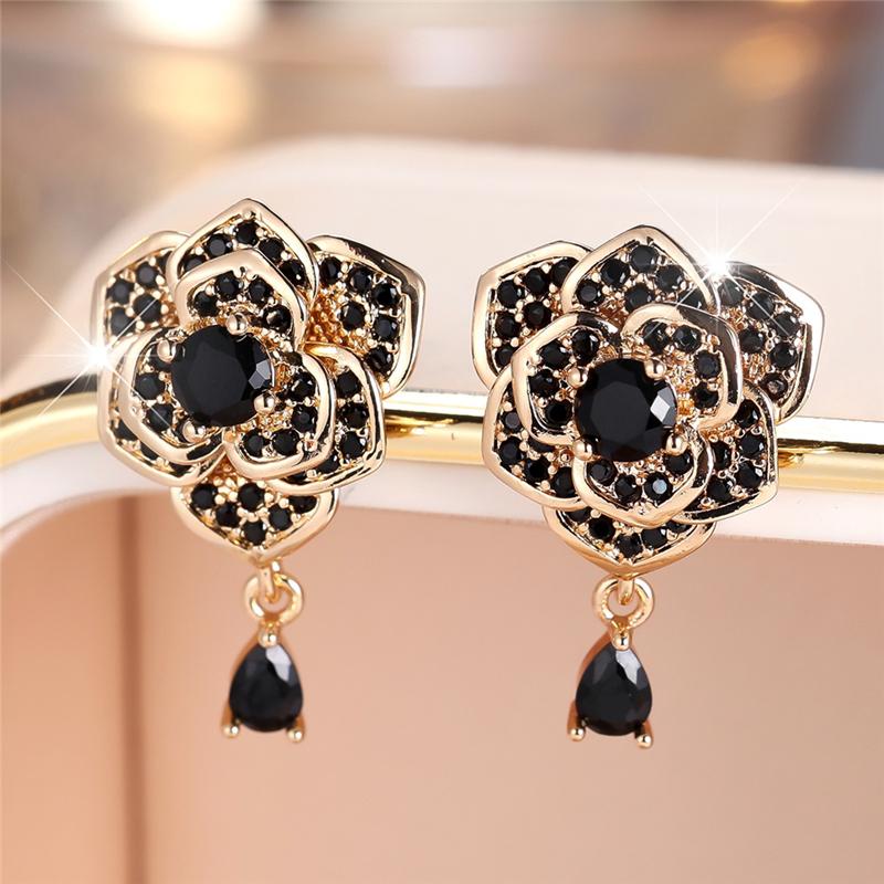Очаровательные женские серьги с черными цветами и кубическим цирконием, свадебные серьги с каплями воды для женщин, роскошные винтажные серьги-гвоздики с маленькими камнями