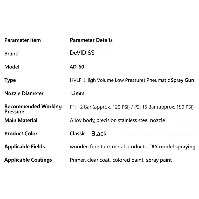 DEVIDISS AD-60 Пневматический Краскораспылитель для Лака и Краски Высокое Распыление Низкое Давление Сопло 1.3мм Гравитационная Подача
