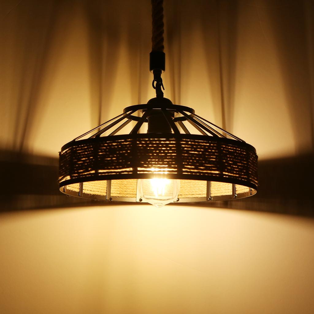 Industrial Hemps Rope Pendants Light Basket Rustic Chandelier Vintage Ceiling Lamp Iron Metal