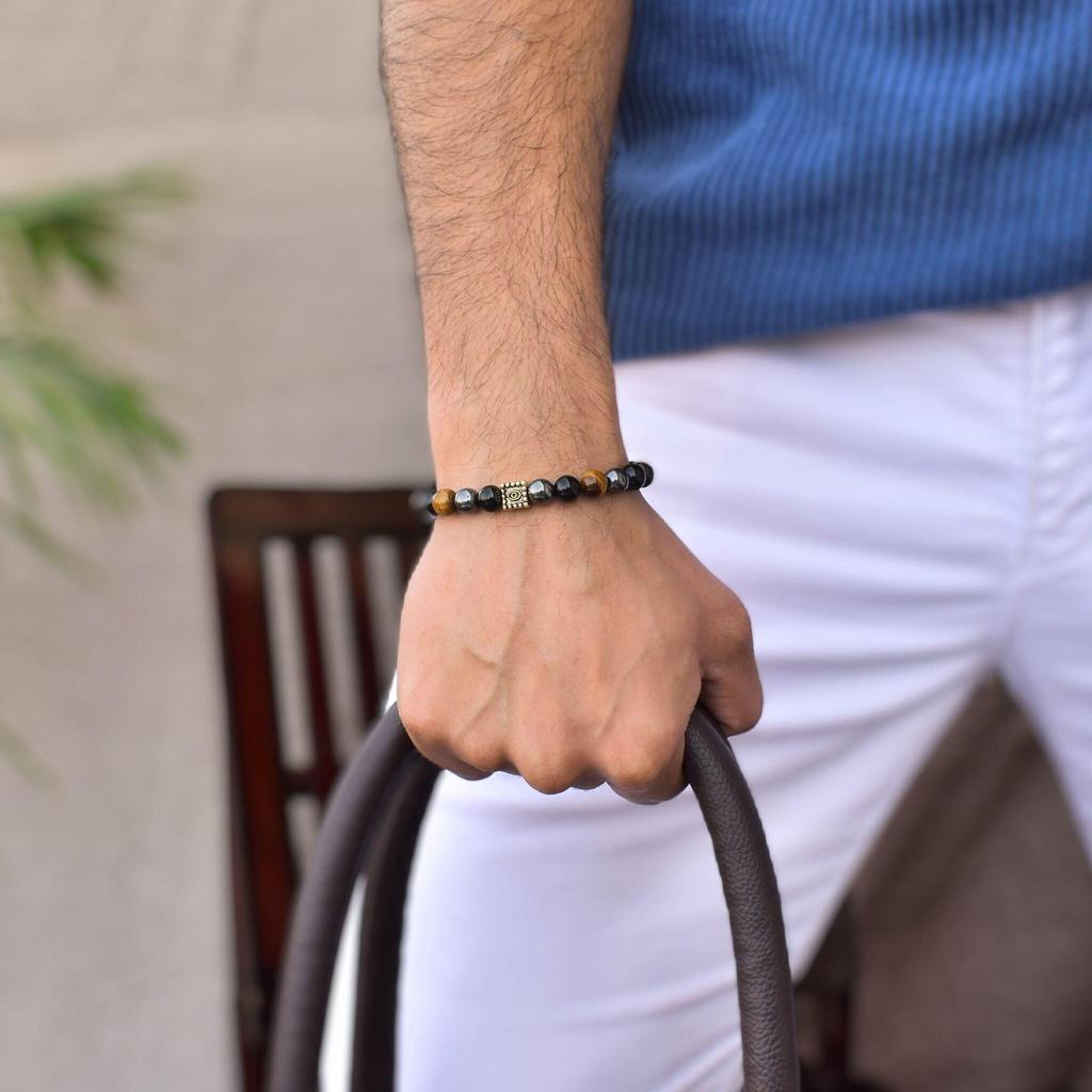 Unisex Triple Protection Bracelet | Tiger Eye, Hematite, Black Onyx with Evil Eye Charm | Stylish & Unique Daily Wear | deflect Negativity