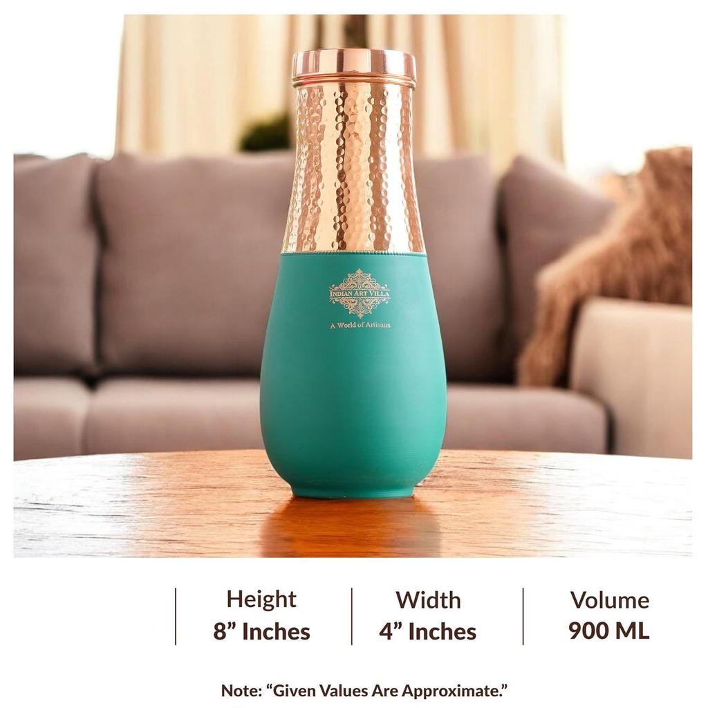 Бутылка для спальни из чистой меди, дизайн вазы, половина из зеленого шелка, половина с кованой отделкой, для напитков и хранения - Объем 1425 мл (Пакет из 1)