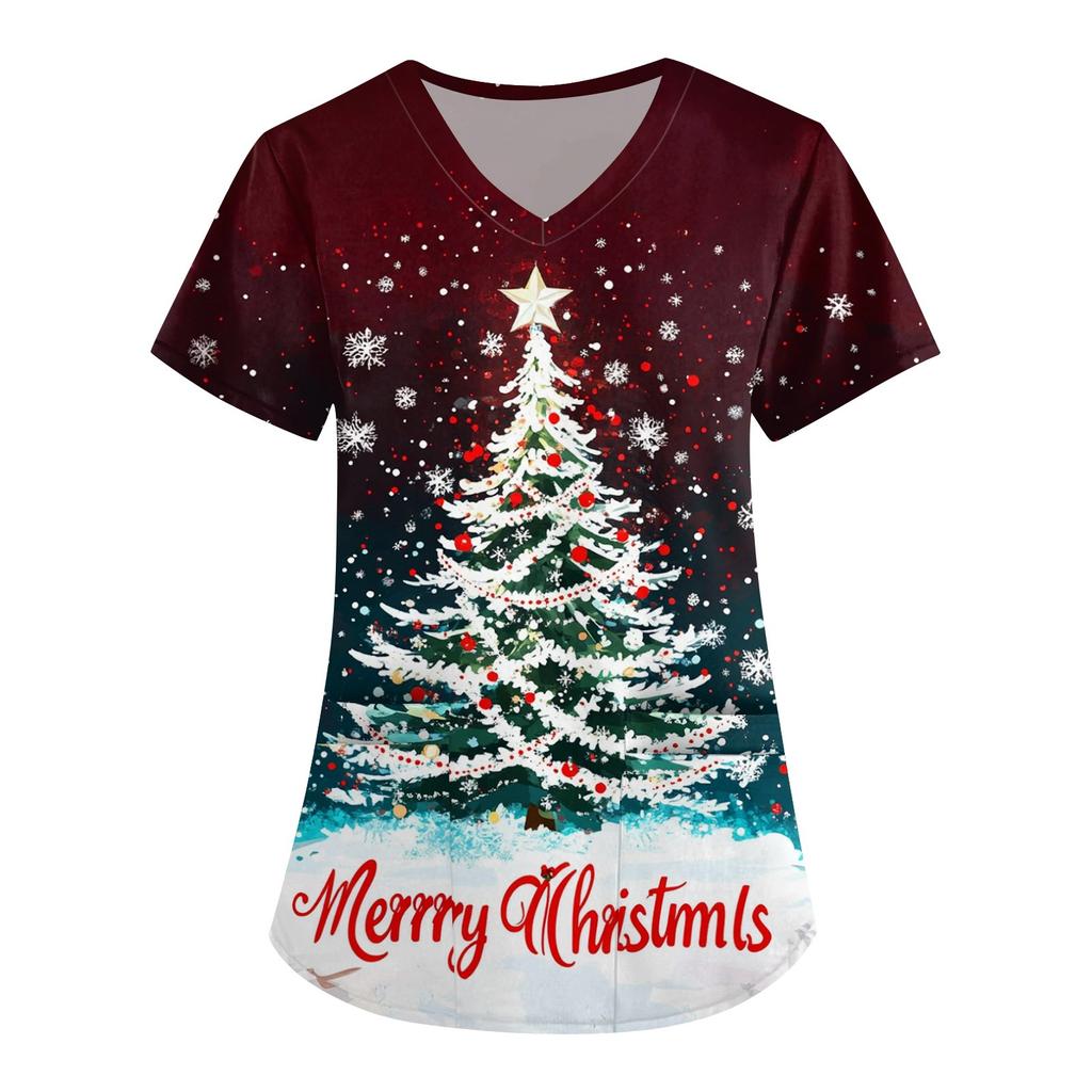 Women's Cute Printed Work Clothes V-neck Double Layer Pockets Basic Short Sleeve Top Pullover Christmas