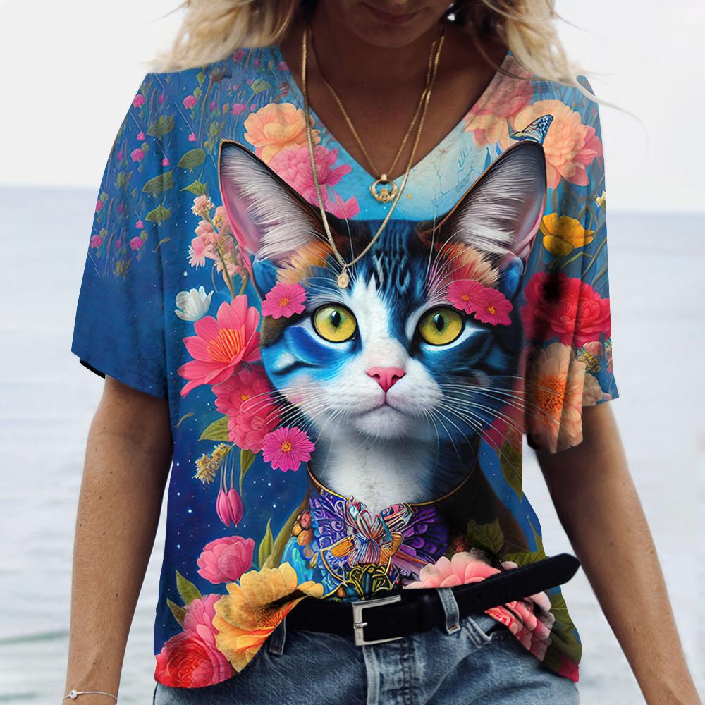 Летняя модная женская одежда с v-образным вырезом, большие размеры, футболки с короткими рукавами, женская повседневная футболка с принтом животных, трендовая милая блузка