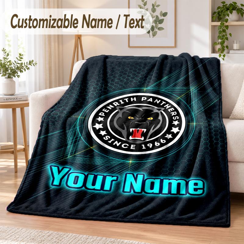 Custom Text Flannel Blanket Penrith Panthers Print Warm Cozy Blanket Home Sofa Bedding