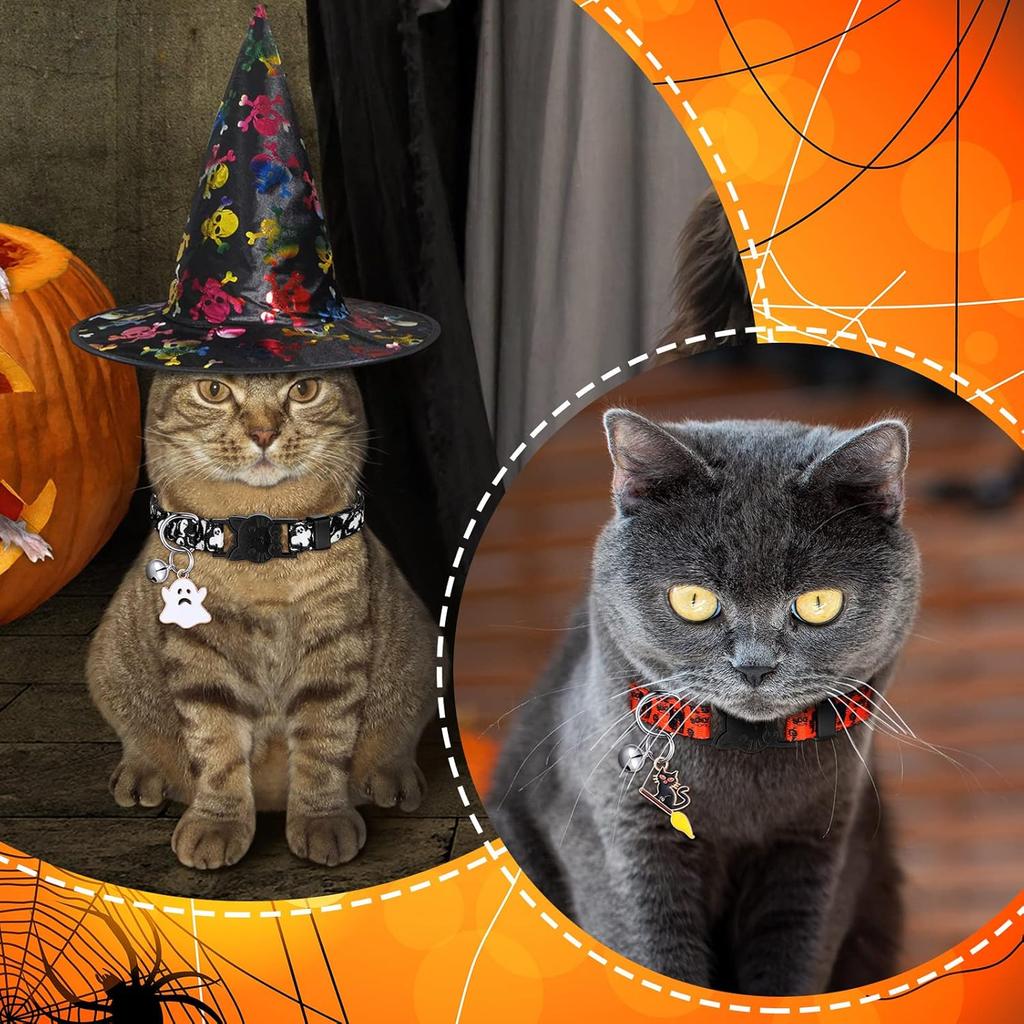 Sanwuta 8 Pcs Halloween Cat Collar Breakaway with Bell Cute Adjustable Kitten Halloween Collars with Pendant Pumpkin Ghost Breakaway Kitten Collar