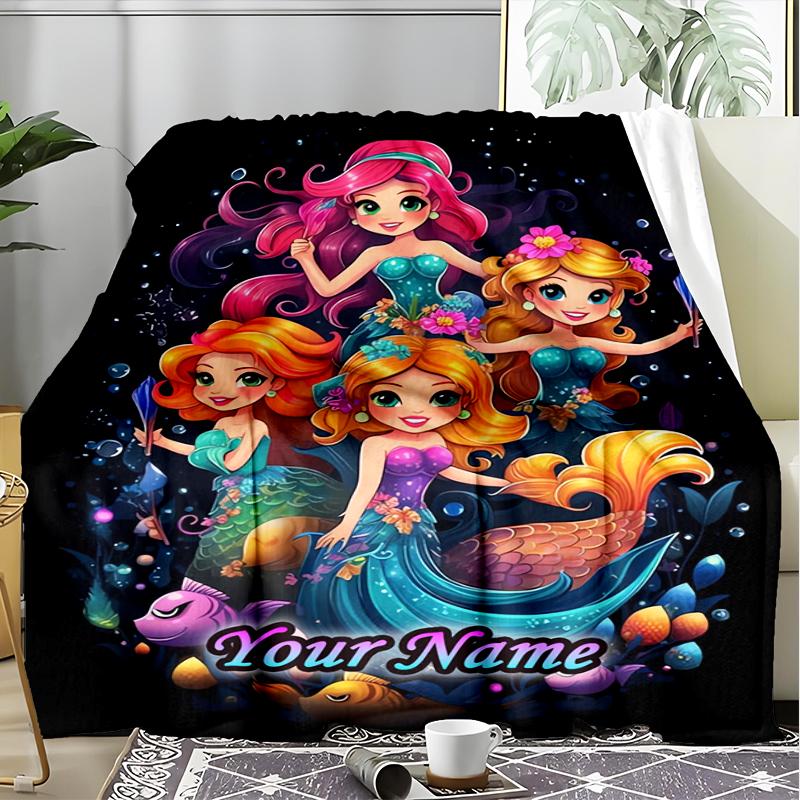 1PC Custom Name Mermaid Fantasy Adventure outdooor Flannel blankets Patterns Throw Blanket All-Season Soft Gift for Couch, Bed, Camping gifts