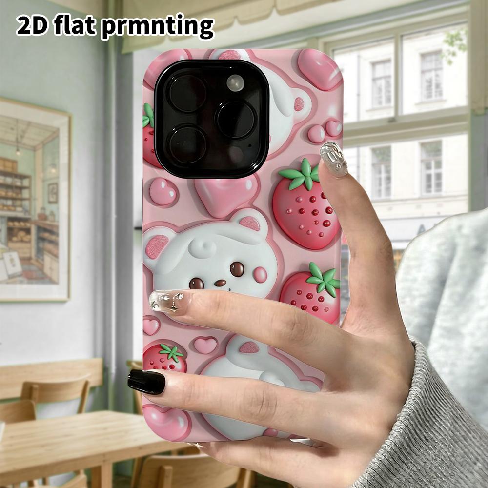 Чехол для телефона: 2D плоский, подходит для защитного чехла iPhone 18 17 16 15 14 13 12Pro, тисненый маленький медведь клубника, идеальный Рождественский и Хэллоуинский hol