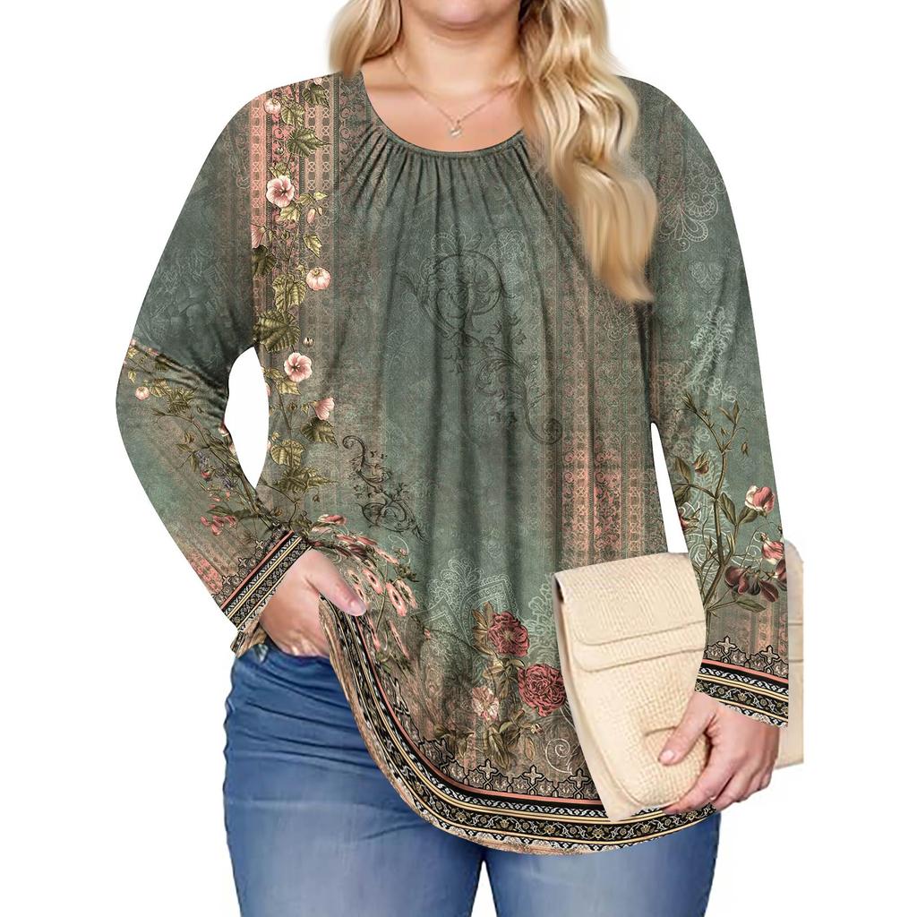 Women's Plus Size Fashion Printed Casual Pleated Round Neck Long Sleeve Top