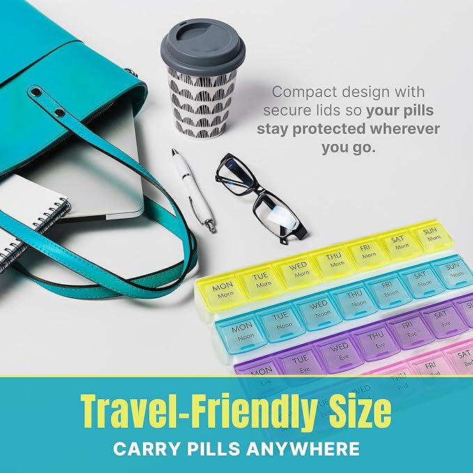 Weekly Pill Organizer - 4-Times-a-Day Pill Planner Pill Box Separates Pills & Vitamins,Travel Medication Reminder Monday To Sunday.