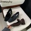 Designer Vintage Wool Women Fleeces Mary Jane Shoes Fashion Shallow Square Toe Shoes Concise Square Heels Shoes
