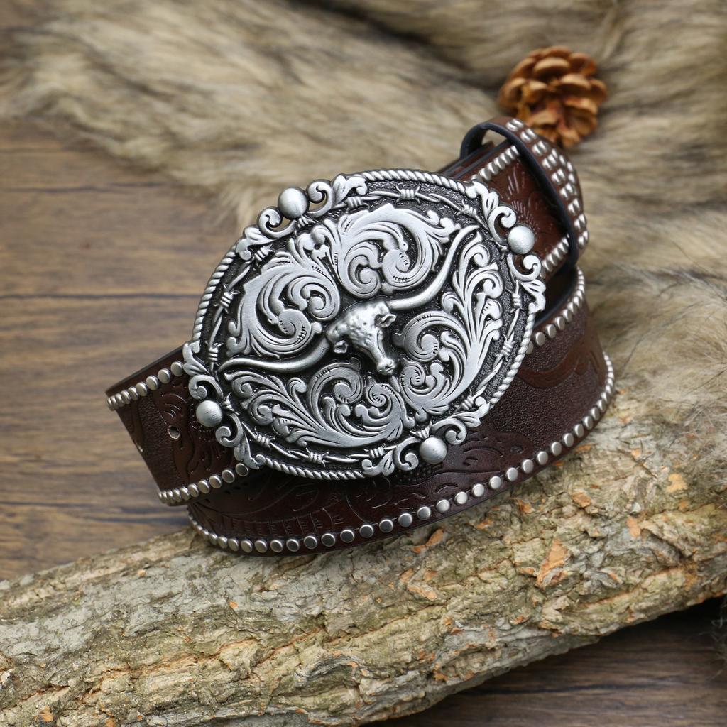 Ремень из джинсовой ткани Western с резной головой быка и винтажными бусинами по краям для мужчин в стиле панк, хип-хоп, искусственная кожа